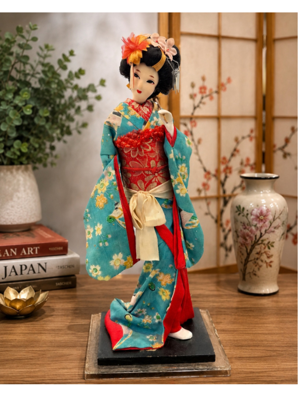 1950s Vintage Japanese Geisha Doll Turquoise Floral Kimono Figurine